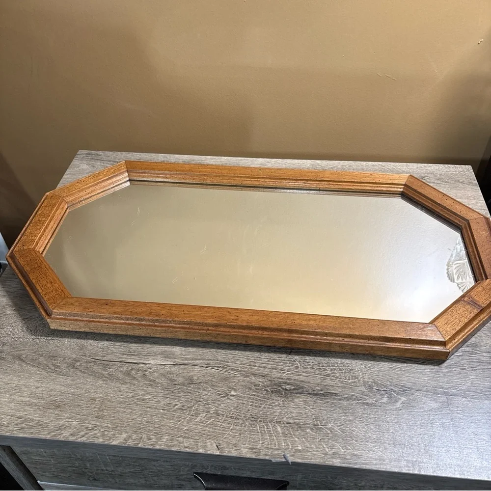 VINTAGE WOOD FRAMED OCTAGON MIRROR 22.25-11.25” 1980’s 3A